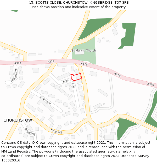 15, SCOTTS CLOSE, CHURCHSTOW, KINGSBRIDGE, TQ7 3RB: Location map and indicative extent of plot