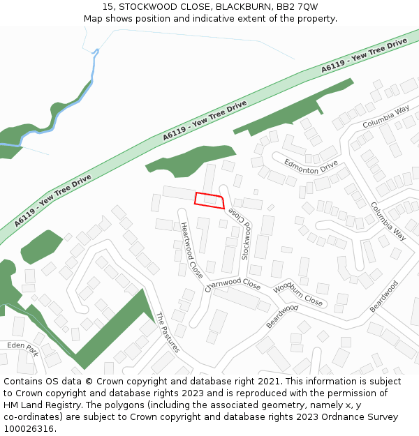 15, STOCKWOOD CLOSE, BLACKBURN, BB2 7QW: Location map and indicative extent of plot