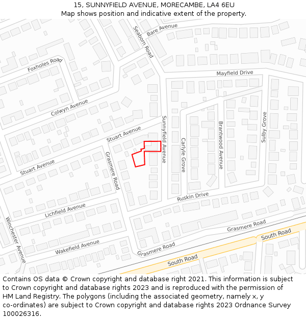 15, SUNNYFIELD AVENUE, MORECAMBE, LA4 6EU: Location map and indicative extent of plot