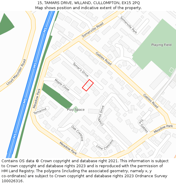 15, TAMARS DRIVE, WILLAND, CULLOMPTON, EX15 2PQ: Location map and indicative extent of plot