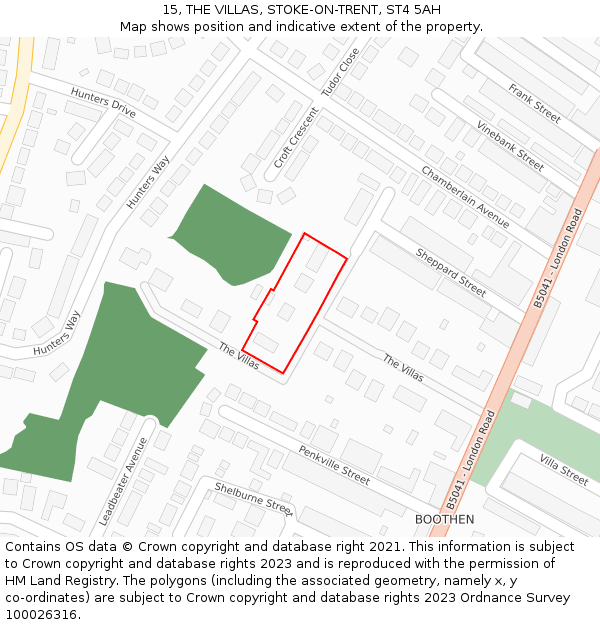 15, THE VILLAS, STOKE-ON-TRENT, ST4 5AH: Location map and indicative extent of plot