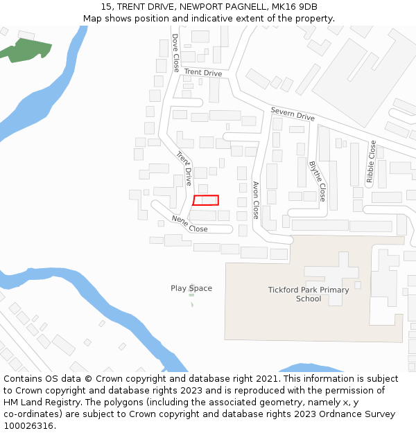 15, TRENT DRIVE, NEWPORT PAGNELL, MK16 9DB: Location map and indicative extent of plot