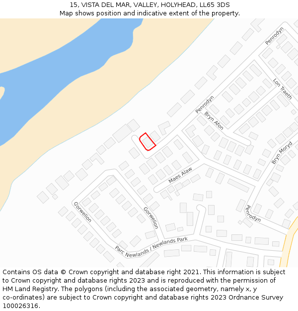 15, VISTA DEL MAR, VALLEY, HOLYHEAD, LL65 3DS: Location map and indicative extent of plot