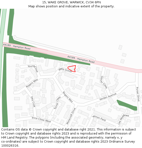 15, WAKE GROVE, WARWICK, CV34 6PN: Location map and indicative extent of plot