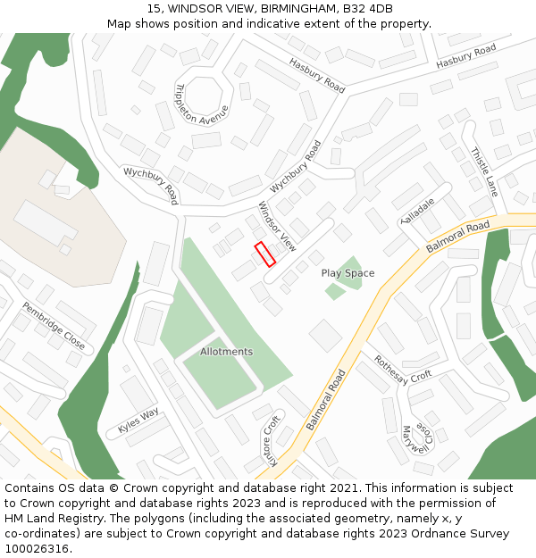 15, WINDSOR VIEW, BIRMINGHAM, B32 4DB: Location map and indicative extent of plot