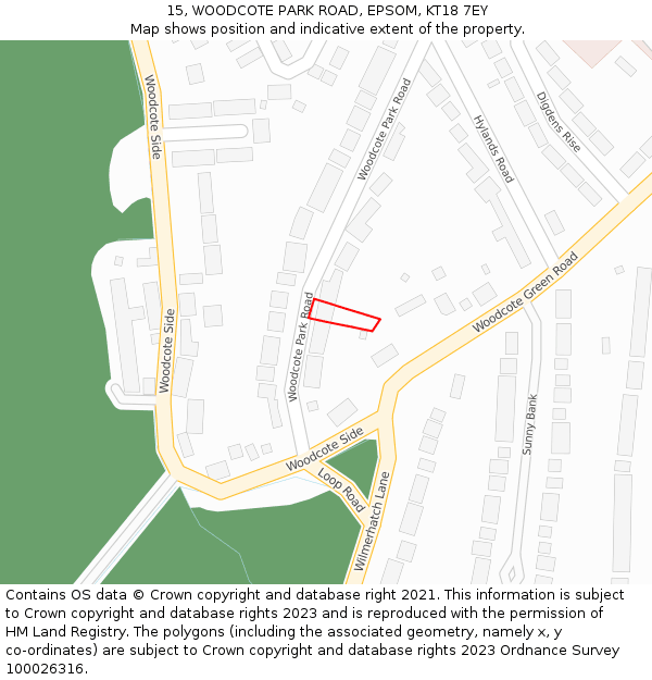 15, WOODCOTE PARK ROAD, EPSOM, KT18 7EY: Location map and indicative extent of plot