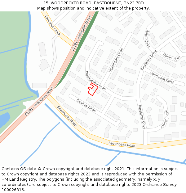 15, WOODPECKER ROAD, EASTBOURNE, BN23 7RD: Location map and indicative extent of plot