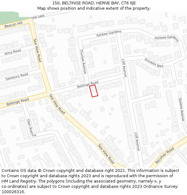 150, BELTINGE ROAD, HERNE BAY, CT6 6JE: Location map and indicative extent of plot