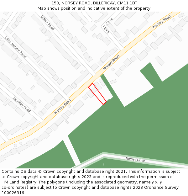 150, NORSEY ROAD, BILLERICAY, CM11 1BT: Location map and indicative extent of plot