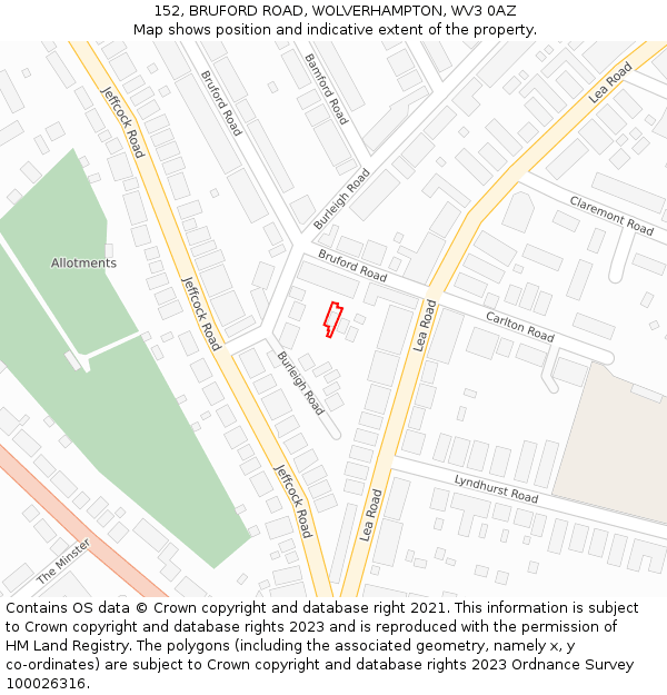 152, BRUFORD ROAD, WOLVERHAMPTON, WV3 0AZ: Location map and indicative extent of plot