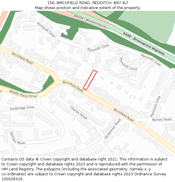 156, BIRCHFIELD ROAD, REDDITCH, B97 4LT: Location map and indicative extent of plot