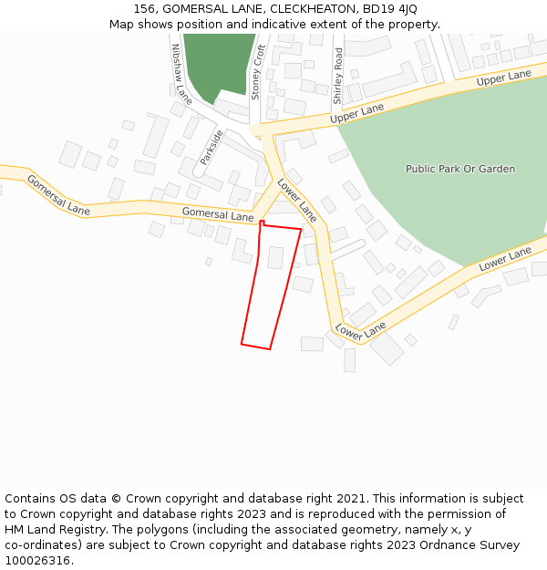 156, GOMERSAL LANE, CLECKHEATON, BD19 4JQ: Location map and indicative extent of plot