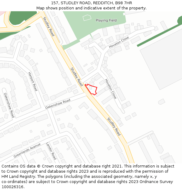 157, STUDLEY ROAD, REDDITCH, B98 7HR: Location map and indicative extent of plot