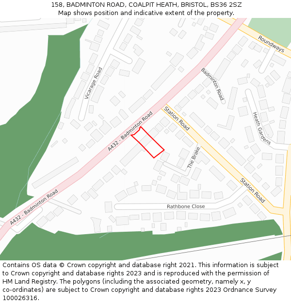 158, BADMINTON ROAD, COALPIT HEATH, BRISTOL, BS36 2SZ: Location map and indicative extent of plot