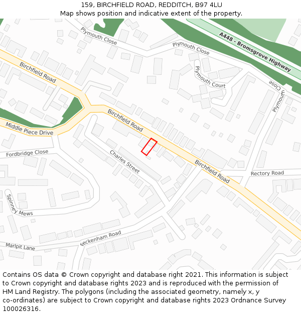 159, BIRCHFIELD ROAD, REDDITCH, B97 4LU: Location map and indicative extent of plot