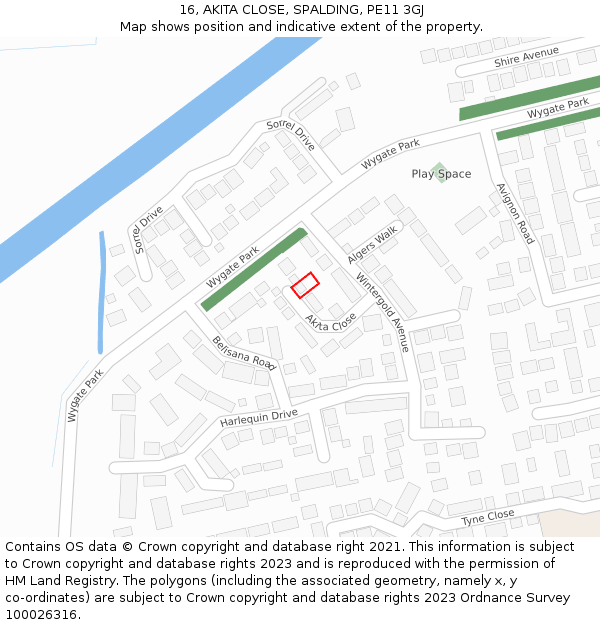 16, AKITA CLOSE, SPALDING, PE11 3GJ: Location map and indicative extent of plot