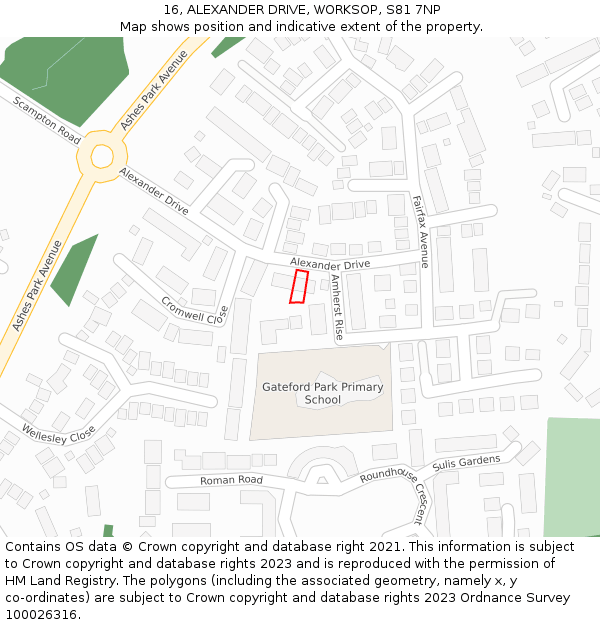 16, ALEXANDER DRIVE, WORKSOP, S81 7NP: Location map and indicative extent of plot