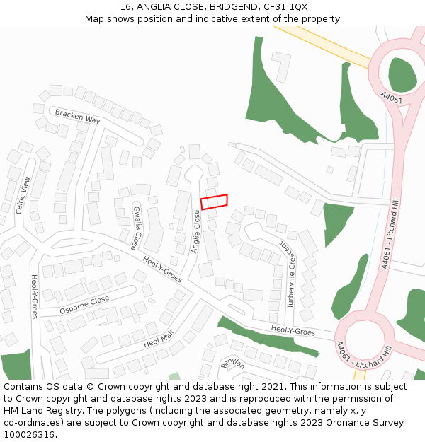 16, ANGLIA CLOSE, BRIDGEND, CF31 1QX: Location map and indicative extent of plot