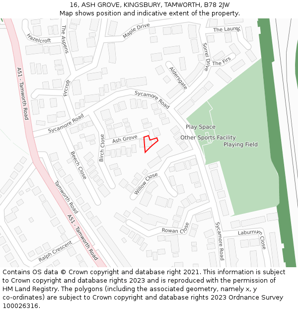 16, ASH GROVE, KINGSBURY, TAMWORTH, B78 2JW: Location map and indicative extent of plot