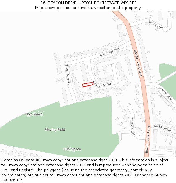 16, BEACON DRIVE, UPTON, PONTEFRACT, WF9 1EF: Location map and indicative extent of plot