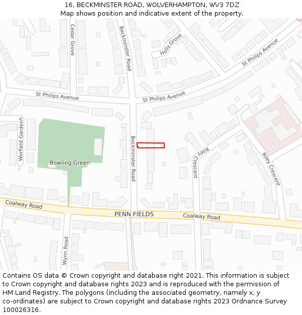 16, BECKMINSTER ROAD, WOLVERHAMPTON, WV3 7DZ: Location map and indicative extent of plot