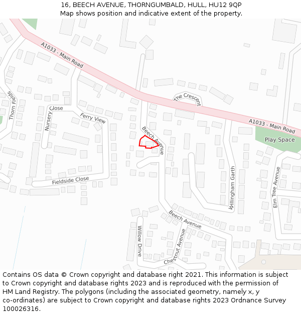 16, BEECH AVENUE, THORNGUMBALD, HULL, HU12 9QP: Location map and indicative extent of plot