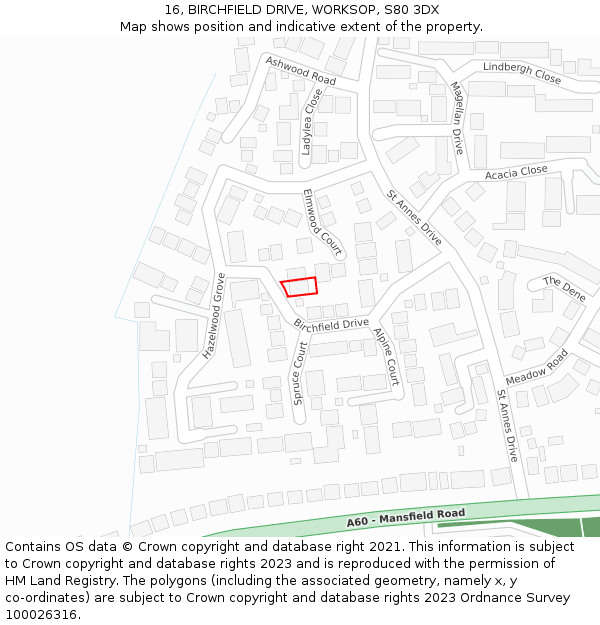 16, BIRCHFIELD DRIVE, WORKSOP, S80 3DX: Location map and indicative extent of plot