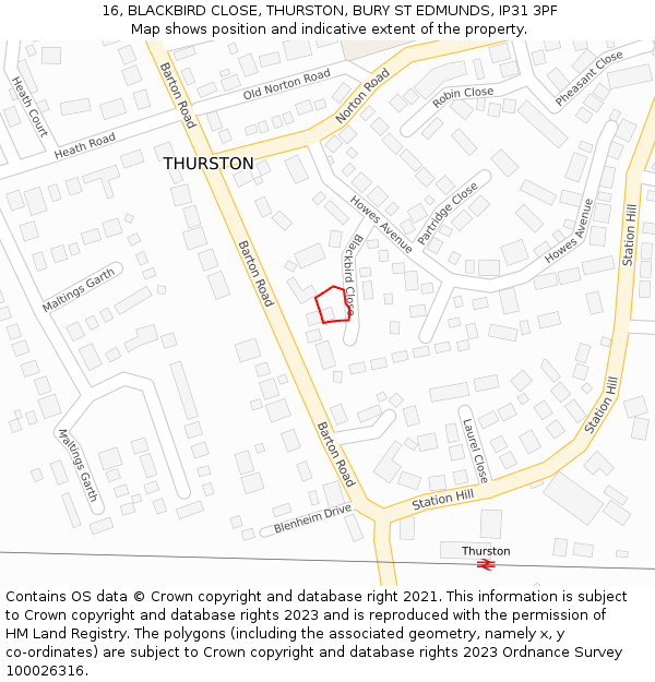 16, BLACKBIRD CLOSE, THURSTON, BURY ST EDMUNDS, IP31 3PF: Location map and indicative extent of plot