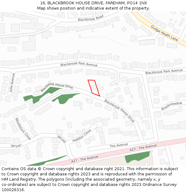 16, BLACKBROOK HOUSE DRIVE, FAREHAM, PO14 1NX: Location map and indicative extent of plot