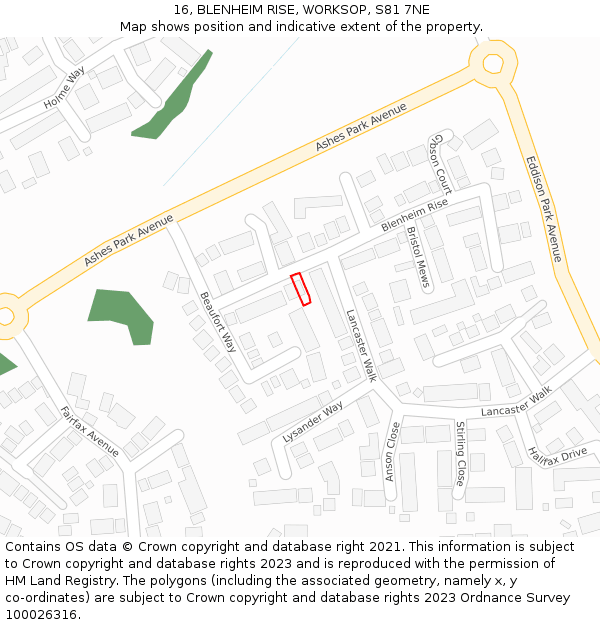 16, BLENHEIM RISE, WORKSOP, S81 7NE: Location map and indicative extent of plot