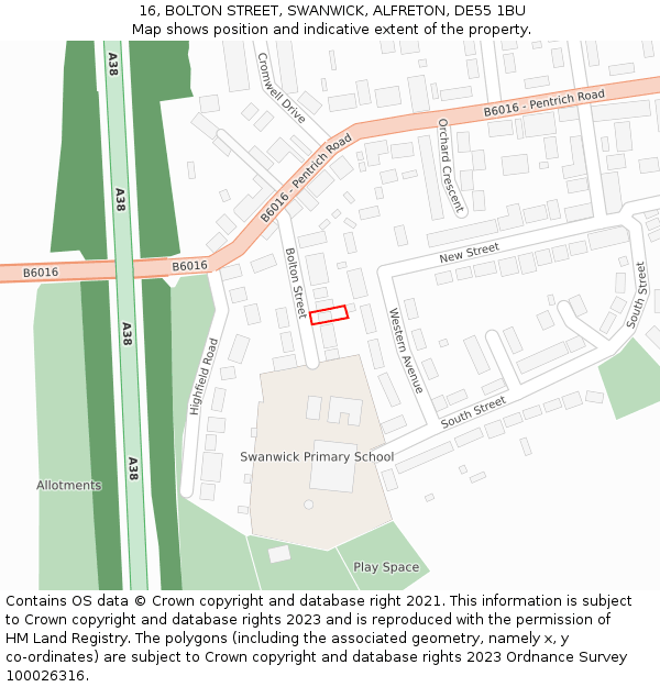 16, BOLTON STREET, SWANWICK, ALFRETON, DE55 1BU: Location map and indicative extent of plot