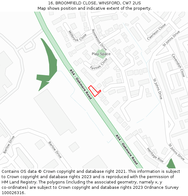 16, BROOMFIELD CLOSE, WINSFORD, CW7 2US: Location map and indicative extent of plot