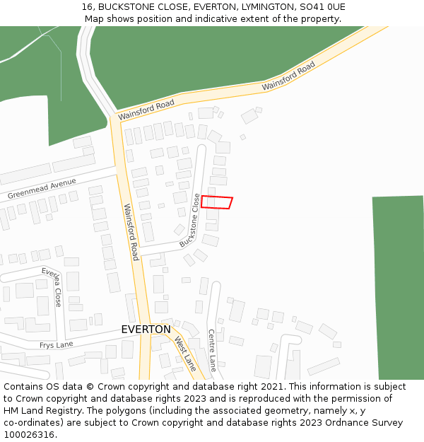 16, BUCKSTONE CLOSE, EVERTON, LYMINGTON, SO41 0UE: Location map and indicative extent of plot