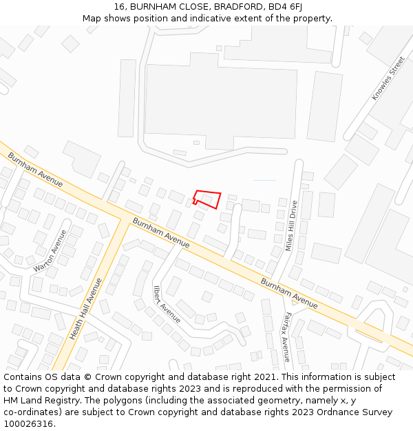 16, BURNHAM CLOSE, BRADFORD, BD4 6FJ: Location map and indicative extent of plot