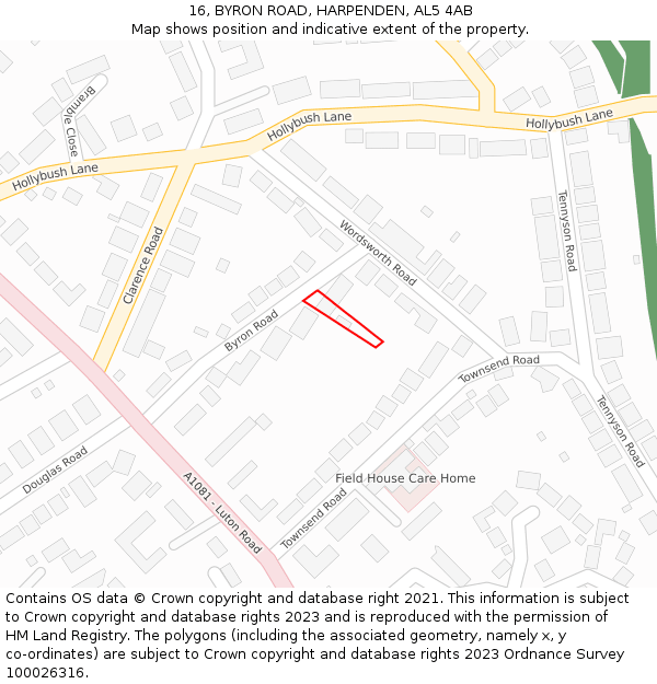 16, BYRON ROAD, HARPENDEN, AL5 4AB: Location map and indicative extent of plot