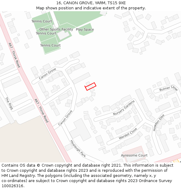 16, CANON GROVE, YARM, TS15 9XE: Location map and indicative extent of plot