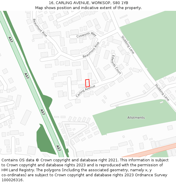 16, CARLING AVENUE, WORKSOP, S80 1YB: Location map and indicative extent of plot