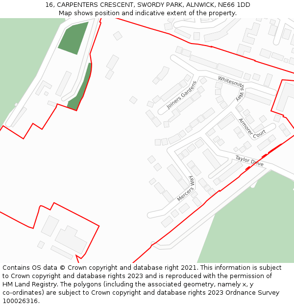 16, CARPENTERS CRESCENT, SWORDY PARK, ALNWICK, NE66 1DD: Location map and indicative extent of plot