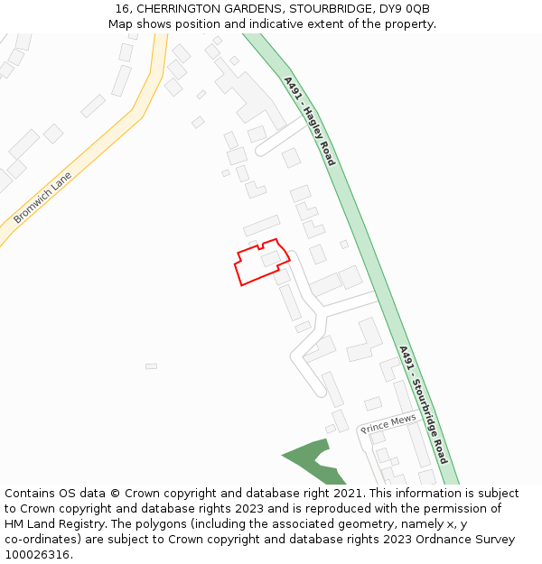 16, CHERRINGTON GARDENS, STOURBRIDGE, DY9 0QB: Location map and indicative extent of plot