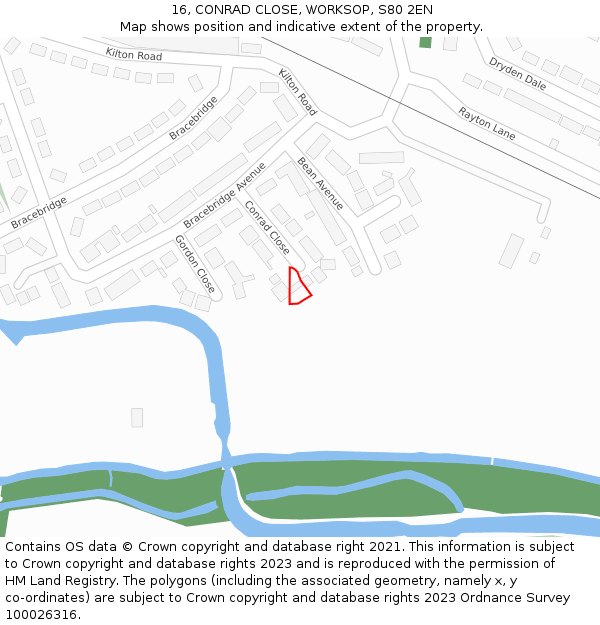 16, CONRAD CLOSE, WORKSOP, S80 2EN: Location map and indicative extent of plot