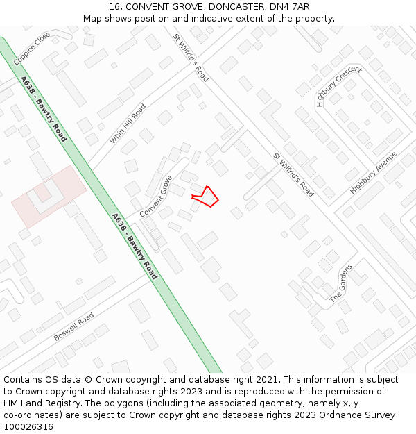 16, CONVENT GROVE, DONCASTER, DN4 7AR: Location map and indicative extent of plot