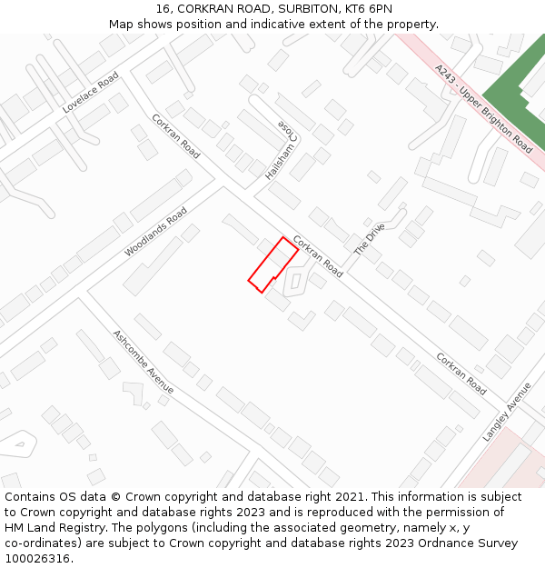 16, CORKRAN ROAD, SURBITON, KT6 6PN: Location map and indicative extent of plot