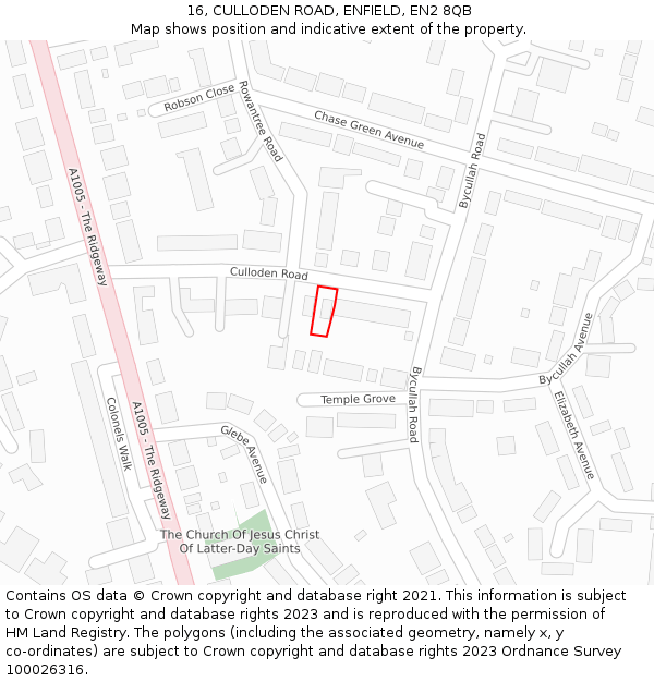 16, CULLODEN ROAD, ENFIELD, EN2 8QB: Location map and indicative extent of plot