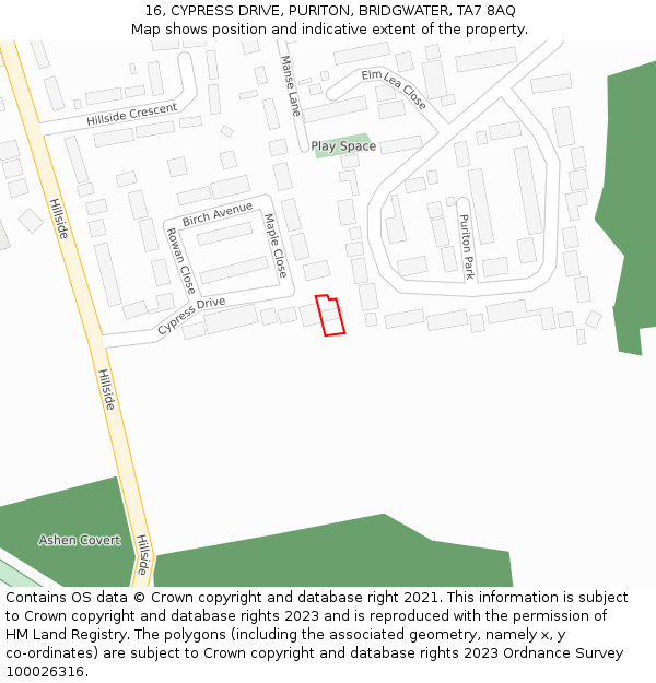 16, CYPRESS DRIVE, PURITON, BRIDGWATER, TA7 8AQ: Location map and indicative extent of plot