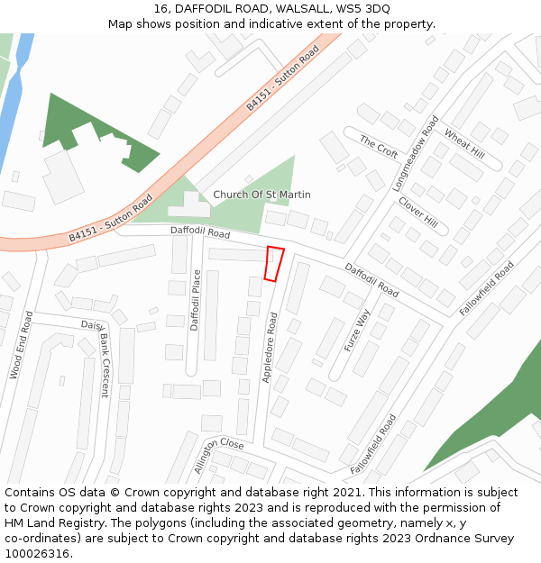 16, DAFFODIL ROAD, WALSALL, WS5 3DQ: Location map and indicative extent of plot