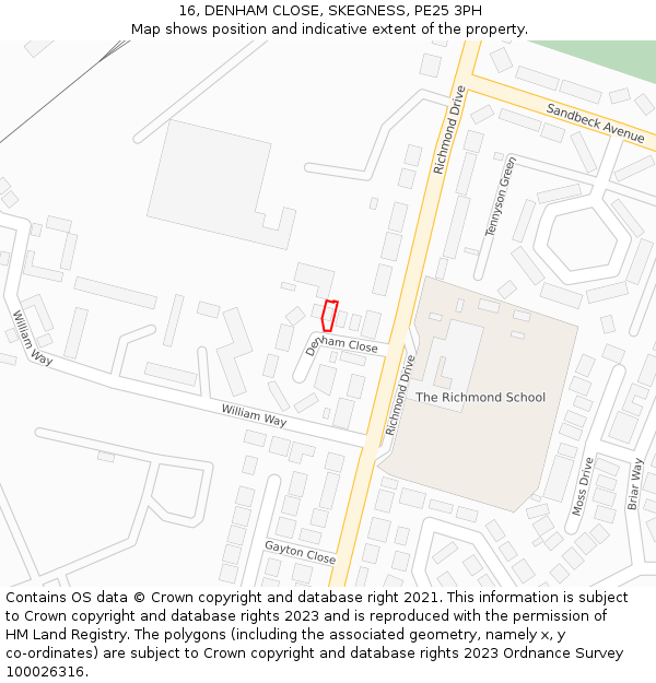 16, DENHAM CLOSE, SKEGNESS, PE25 3PH: Location map and indicative extent of plot