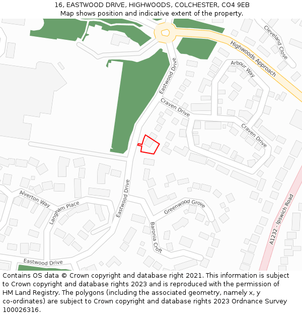 16, EASTWOOD DRIVE, HIGHWOODS, COLCHESTER, CO4 9EB: Location map and indicative extent of plot