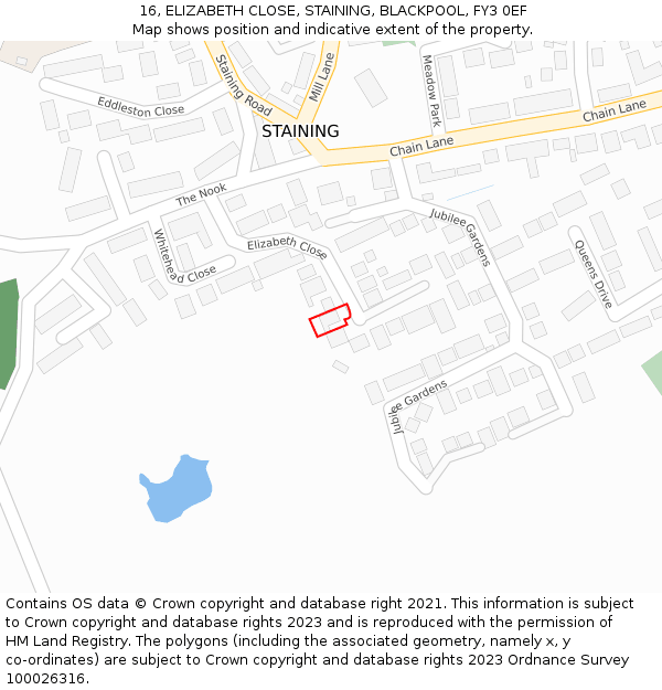 16, ELIZABETH CLOSE, STAINING, BLACKPOOL, FY3 0EF: Location map and indicative extent of plot