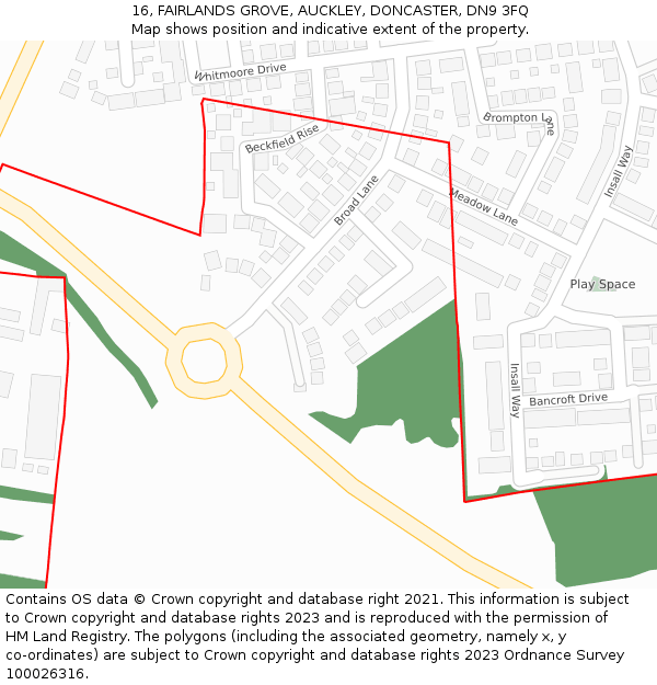 16, FAIRLANDS GROVE, AUCKLEY, DONCASTER, DN9 3FQ: Location map and indicative extent of plot