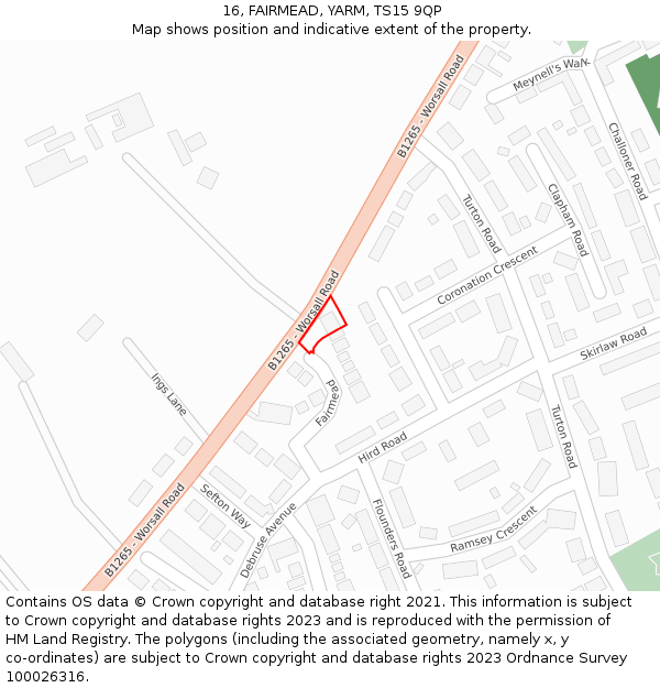 16, FAIRMEAD, YARM, TS15 9QP: Location map and indicative extent of plot